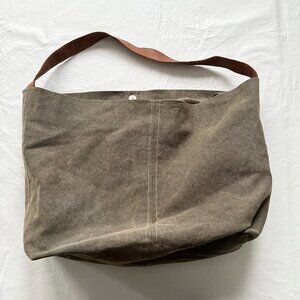 Canvas tote bag taupe gray brown leather strap large messenger military style